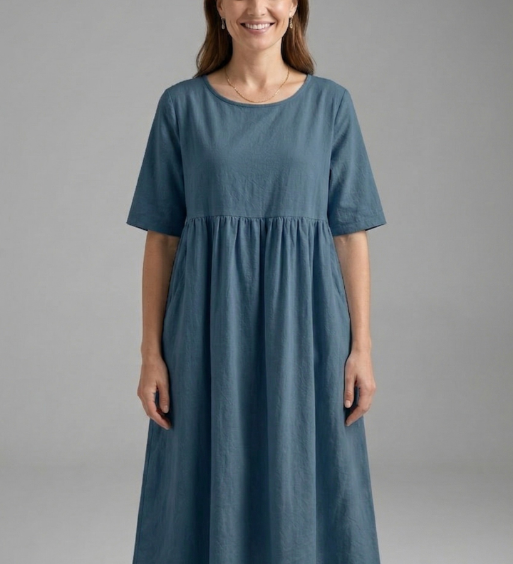 Damen Midi Kleid mit Rundhalsausschnitt und kurzen Ärmeln