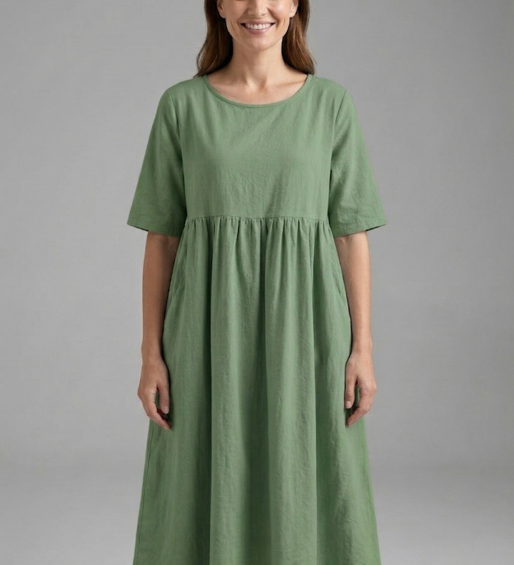 Damen Midi-Kleid mit Rundhalsausschnitt und kurzen Ärmeln