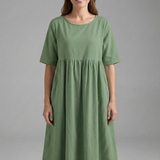 Damen Midi Kleid mit Rundhalsausschnitt und kurzen Ärmeln