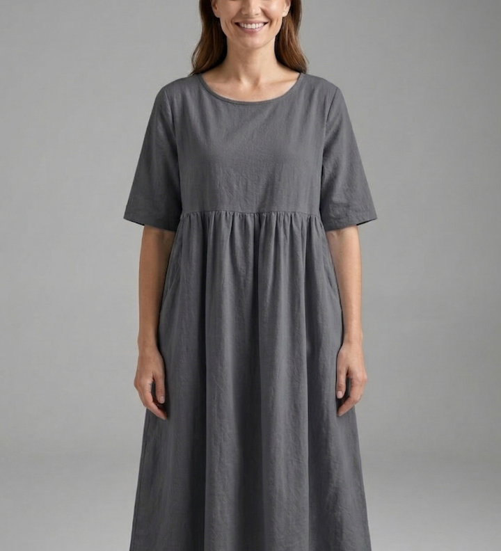 Damen Midi Kleid mit Rundhalsausschnitt und kurzen Ärmeln