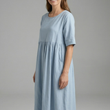 Damen Midi-Kleid mit Rundhalsausschnitt und kurzen Ärmeln