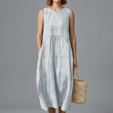 Damen Midi-Kleid mit Rundhalsausschnitt und ärmellosem Design