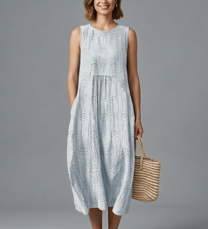 Damen Midi-Kleid mit Rundhalsausschnitt und ärmellosem Design