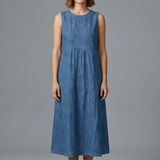 Damen Midi-Kleid mit Rundhalsausschnitt und ärmellosem Design