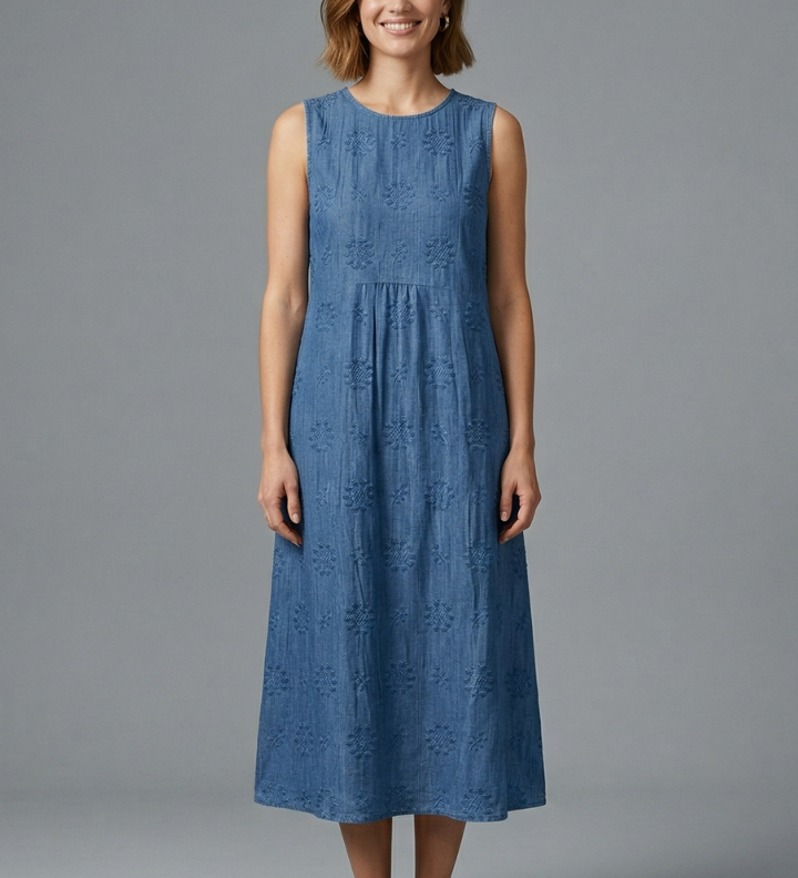 Damen Midi-Kleid mit Rundhalsausschnitt und ärmellosem Design