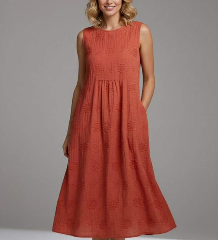 Damen Midi-Kleid mit Rundhalsausschnitt und ärmellosem Design
