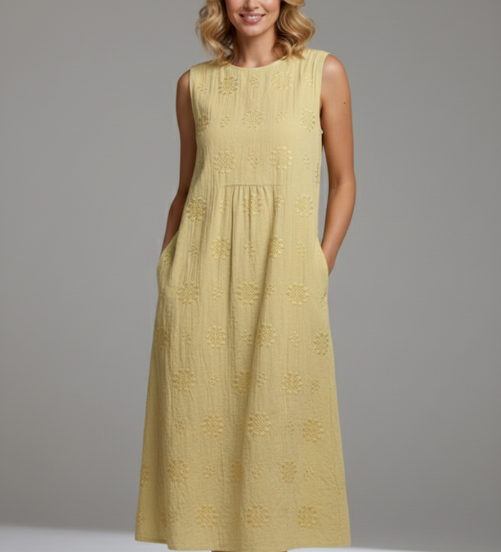 Damen Midi-Kleid mit Rundhalsausschnitt und ärmellosem Design