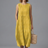 Damen Midi-Kleid mit Rundhalsausschnitt und ärmellosem Design
