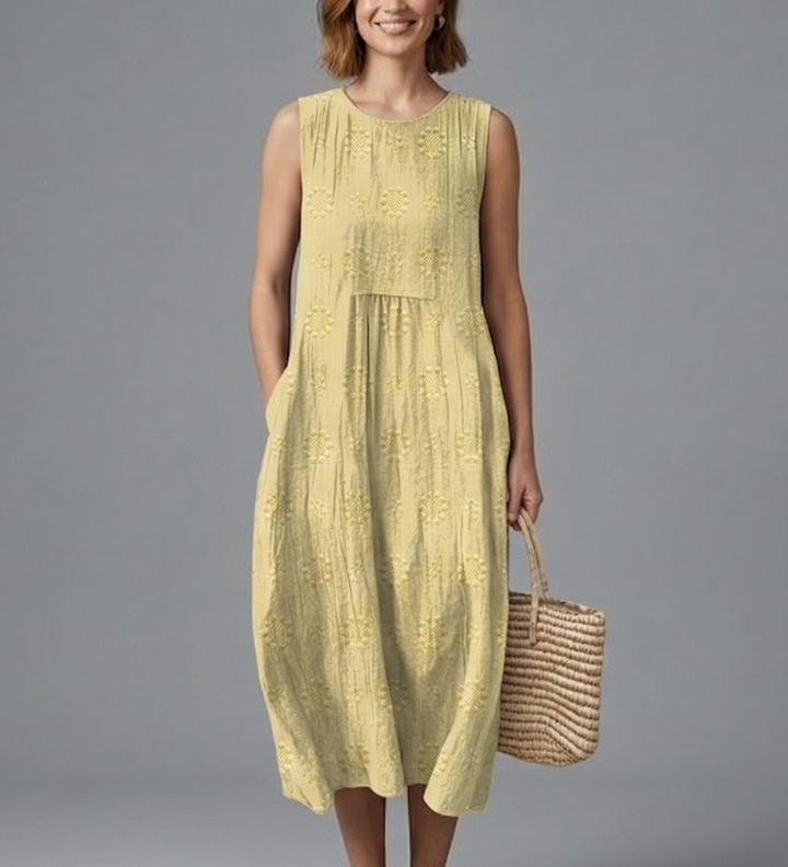 Damen Midi-Kleid mit Rundhalsausschnitt und ärmellosem Design