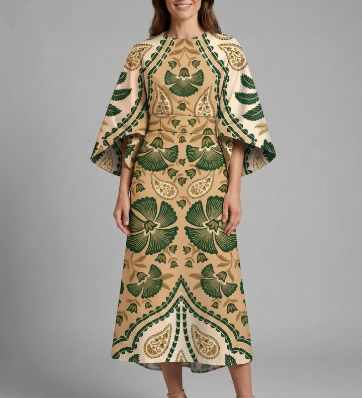 Damen Midi-Kleid mit Rundhalsausschnitt und weiten Ärmeln
