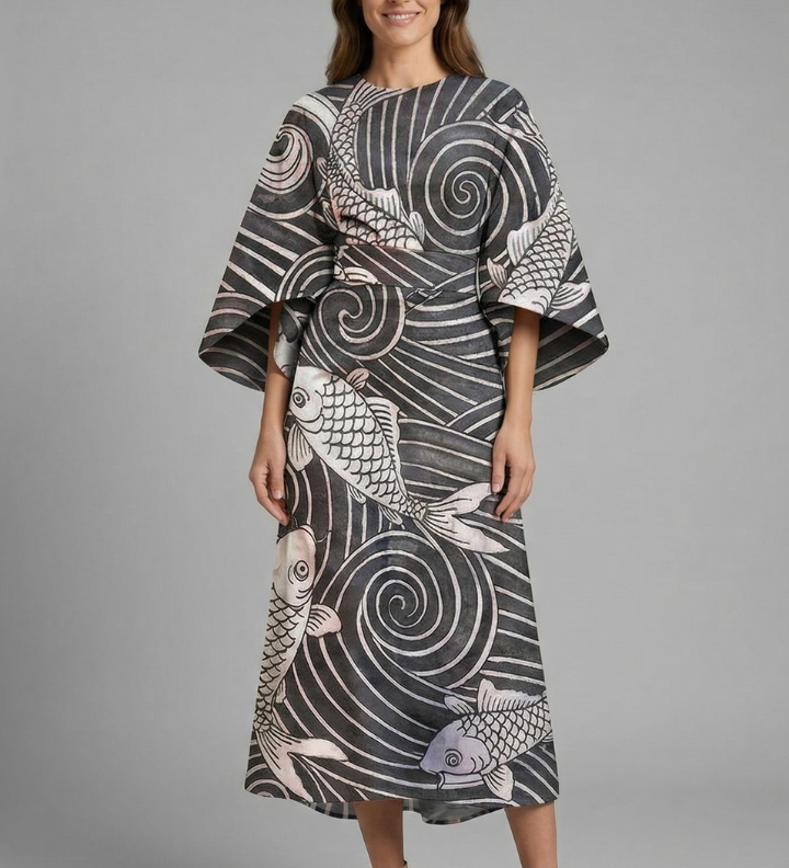 Damen Midi-Kleid mit Rundhalsausschnitt und weiten Ärmeln