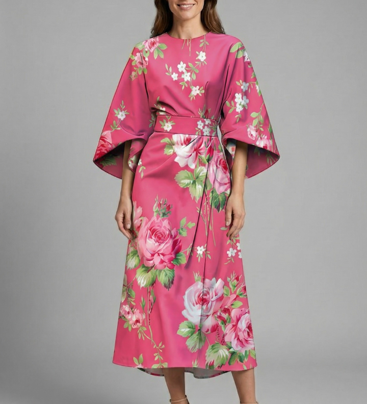 Damen Midi-Kleid mit Rundhalsausschnitt und weiten Ärmeln