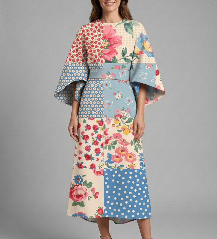 Damen Midi-Kleid mit Rundhalsausschnitt und weiten Ärmeln