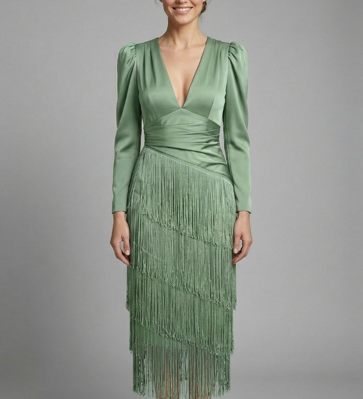Damen Midi-Kleid mit Rundhalsausschnitt und weiten Ärmeln