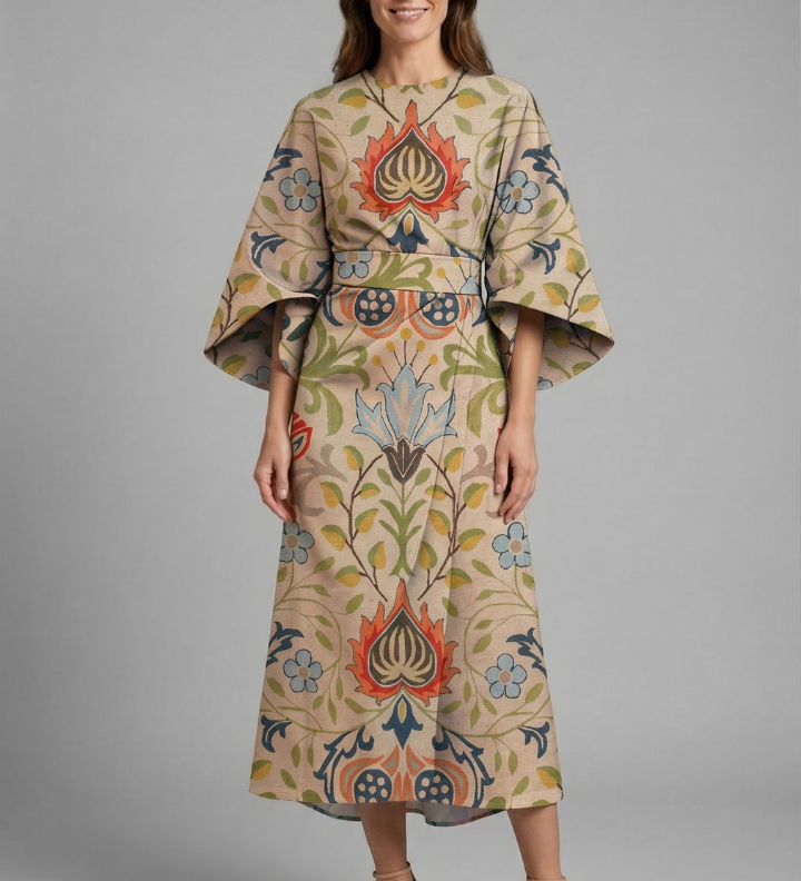 Damen Midi-Kleid mit Rundhalsausschnitt und weiten Ärmeln