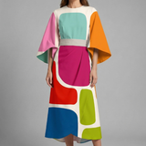 Damen Midi-Kleid mit Rundhalsausschnitt und weiten Ärmeln
