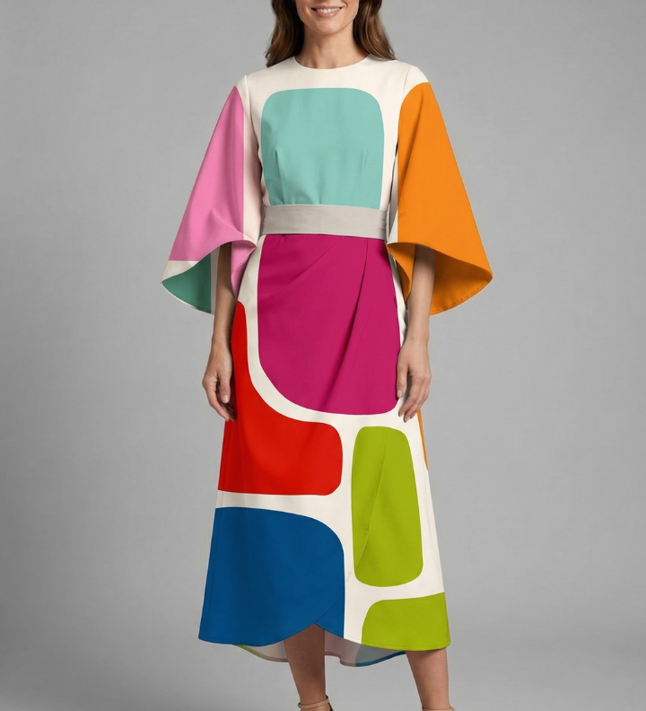 Damen Midi-Kleid mit Rundhalsausschnitt und weiten Ärmeln