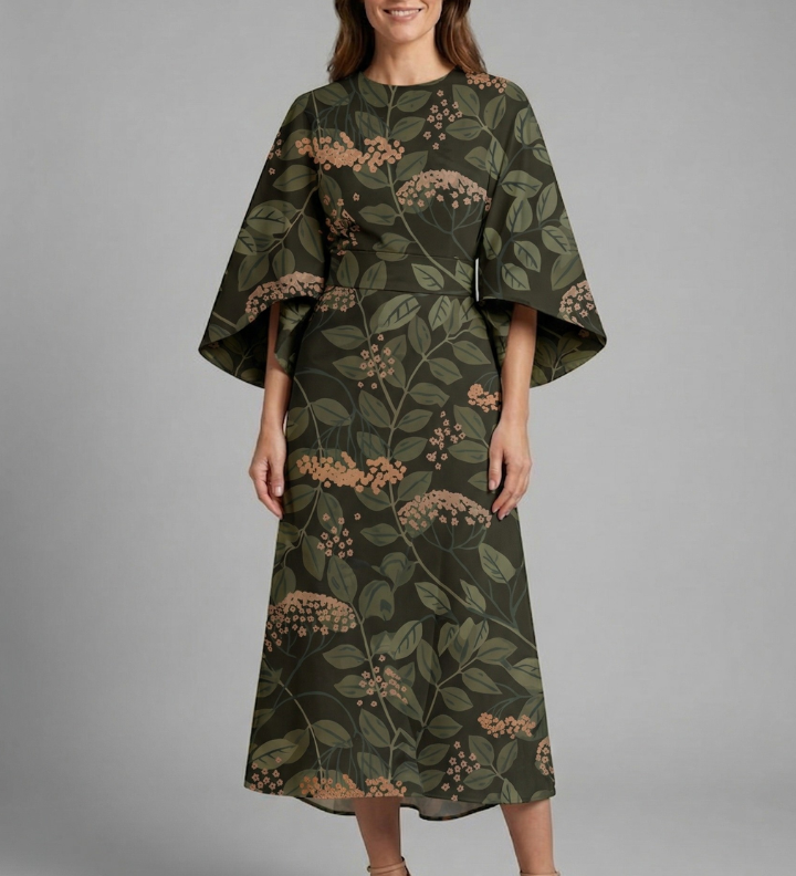 Damen Midi-Kleid mit Rundhalsausschnitt und weiten Ärmeln