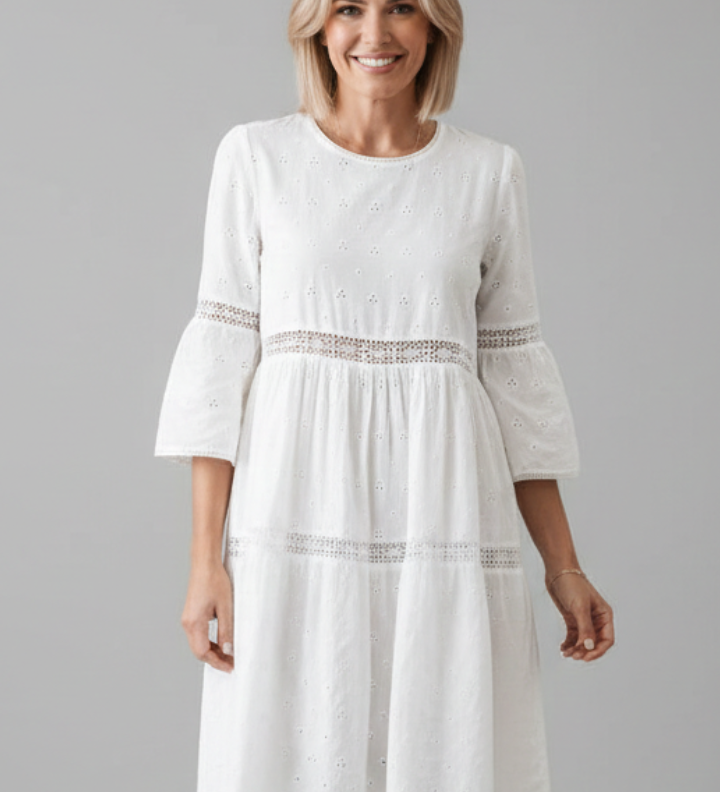 Damen Midi-Kleid mit Rundhalsausschnitt und langen Ärmeln