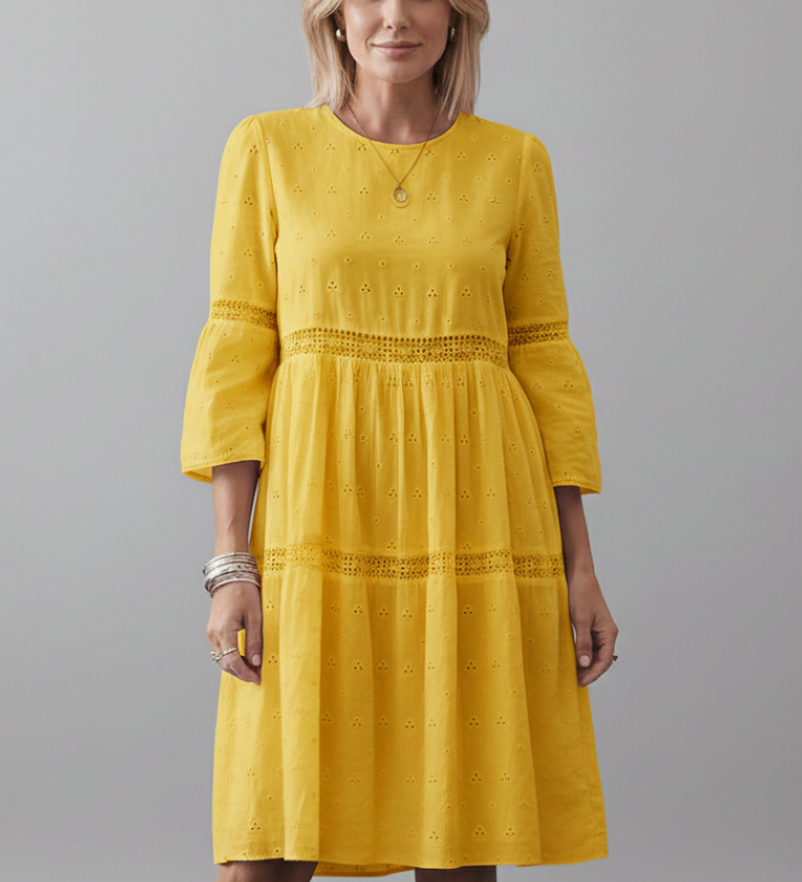 Damen Midi-Kleid mit Rundhalsausschnitt und langen Ärmeln