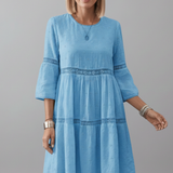 Damen Midi-Kleid mit Rundhalsausschnitt und langen Ärmeln