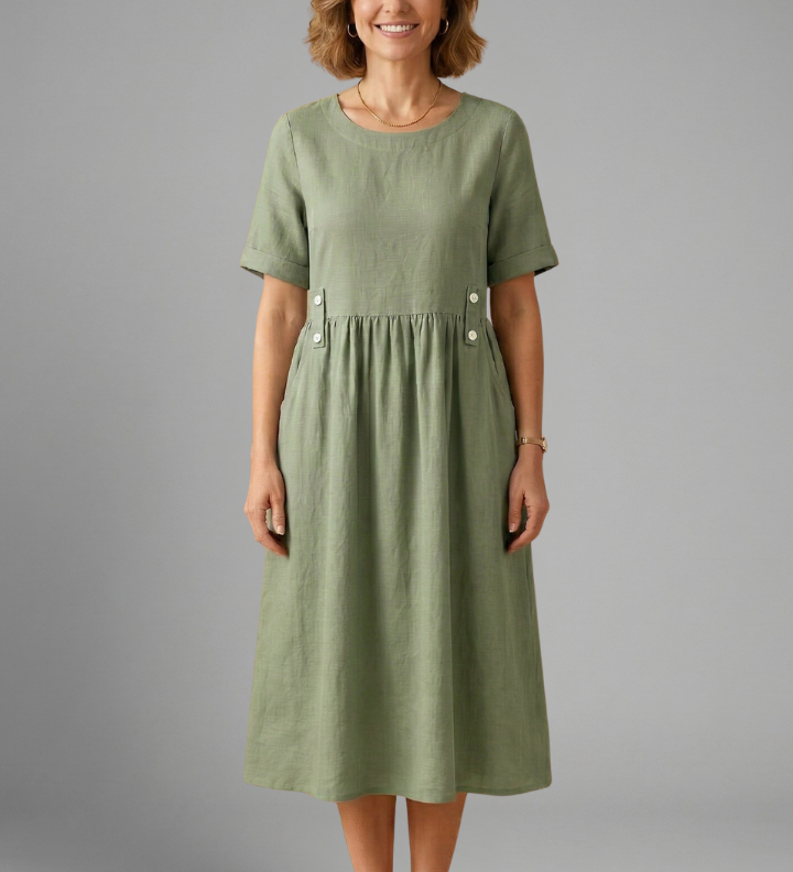 Damen Midi-Kleid mit Rundhalsausschnitt und lockerer Passform