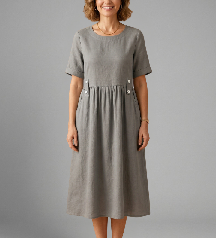 Damen Midi-Kleid mit Rundhalsausschnitt und lockerer Passform