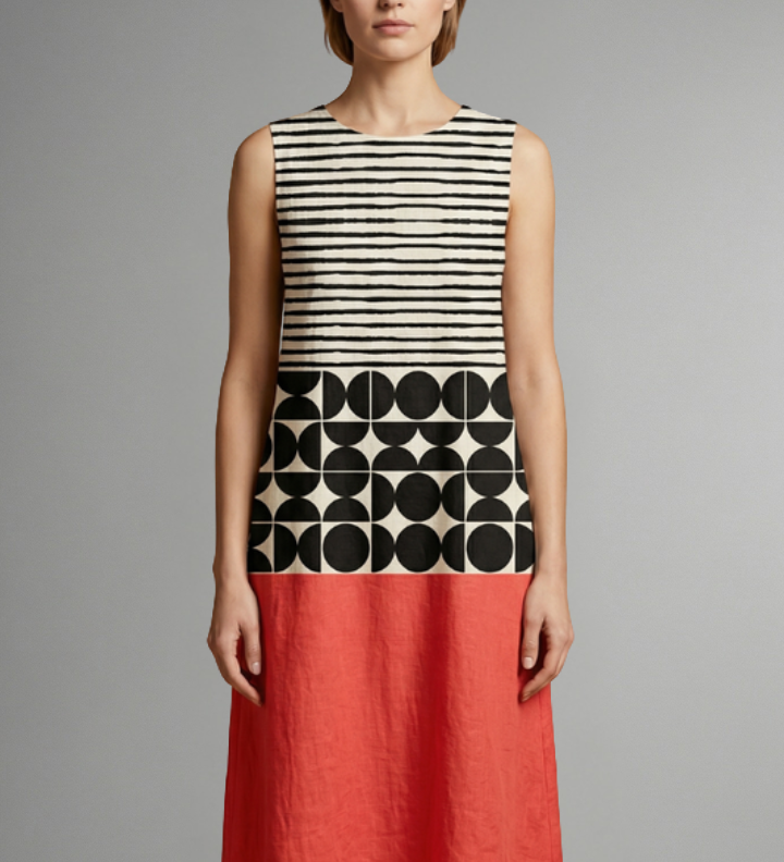 Damen Midi-Kleid mit Rundhalsausschnitt und ärmellosem Design