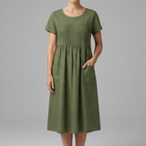 Damen Midi Kleid mit kurzen Ärmeln und Seitentaschen