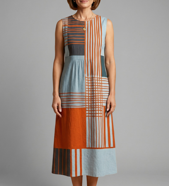 Damen Midi-Kleid mit ärmellosem Design und geometrischem Druck