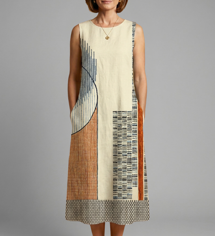 Damen Midi-Kleid mit ärmellosem Design und geometrischem Druck