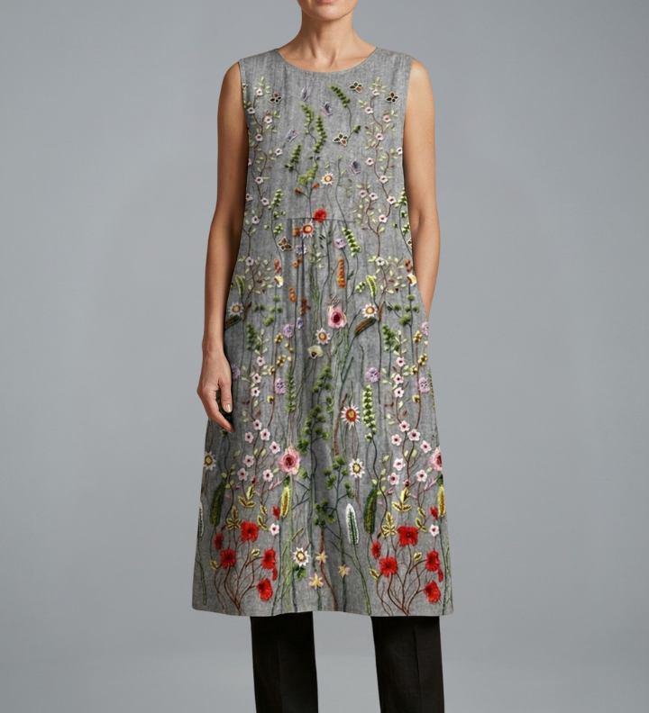 Damen Midi Kleid mit ärmellosem Design und Leinenmischung