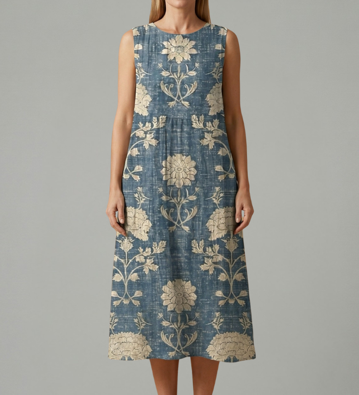 Damen-Midi-Kleid mit ärmellosem Design und Leinenmischung