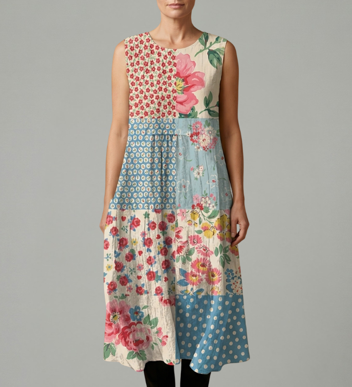 Damen Midi-Kleid mit ärmellosem Design und Leinenmischung