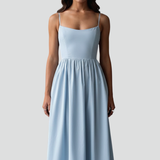 Damen Midi-Kleid mit Spaghetti-Trägern und geraffter Taille