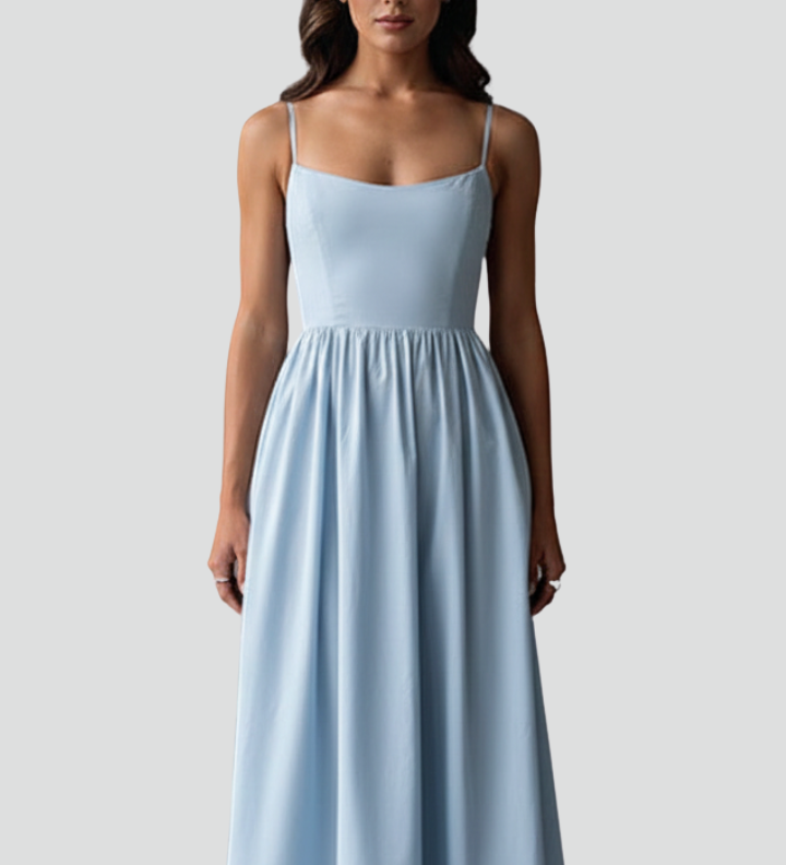Damen Midi-Kleid mit Spaghetti-Trägern und geraffter Taille