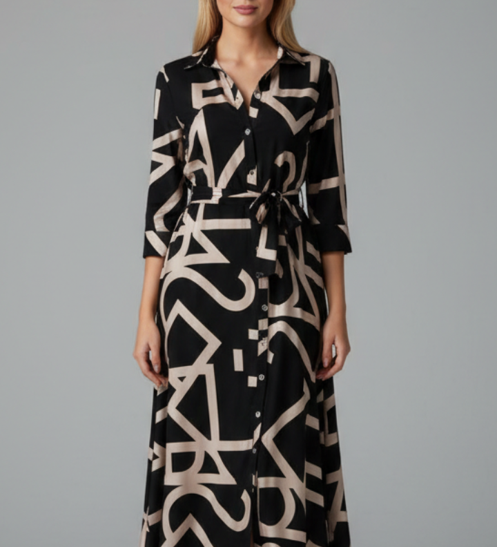 Damen Midi-Kleid mit umgeschlagenem Kragen und Taillengürtel