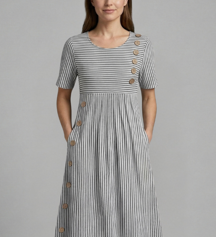 Damen Midi-Kleid mit V-Ausschnitt und Knopfdetails