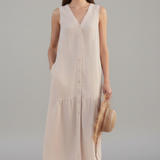 Damen Midi Kleid mit V-Ausschnitt und Knopfverschluss