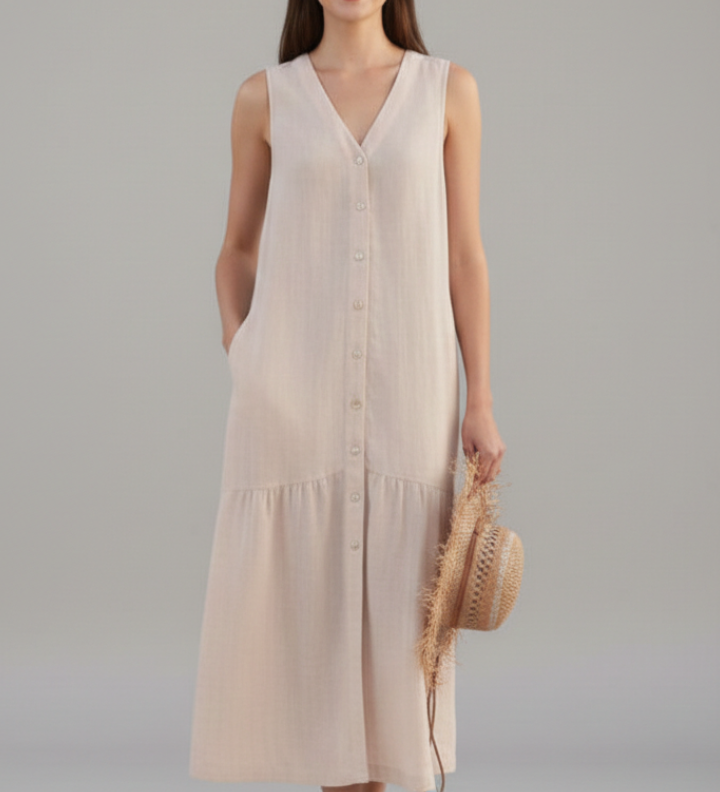 Damen Midi Kleid mit V-Ausschnitt und Knopfverschluss