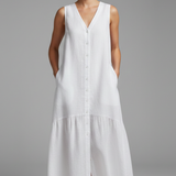 Damen Midi Kleid mit V-Ausschnitt und Knopfverschluss