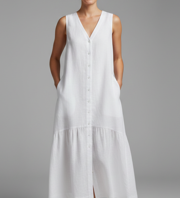 Damen Midi Kleid mit V-Ausschnitt und Knopfverschluss