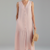 Damen Midi Kleid mit V-Ausschnitt und Knopfverschluss