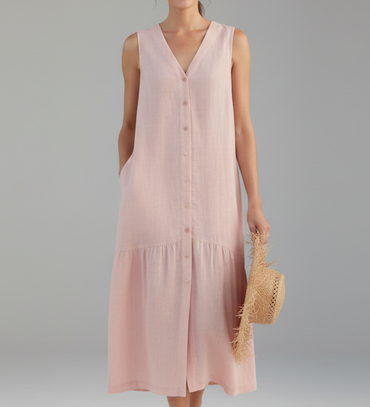 Damen Midi Kleid mit V-Ausschnitt und Knopfverschluss