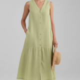 Damen Midi Kleid mit V-Ausschnitt und Knopfverschluss