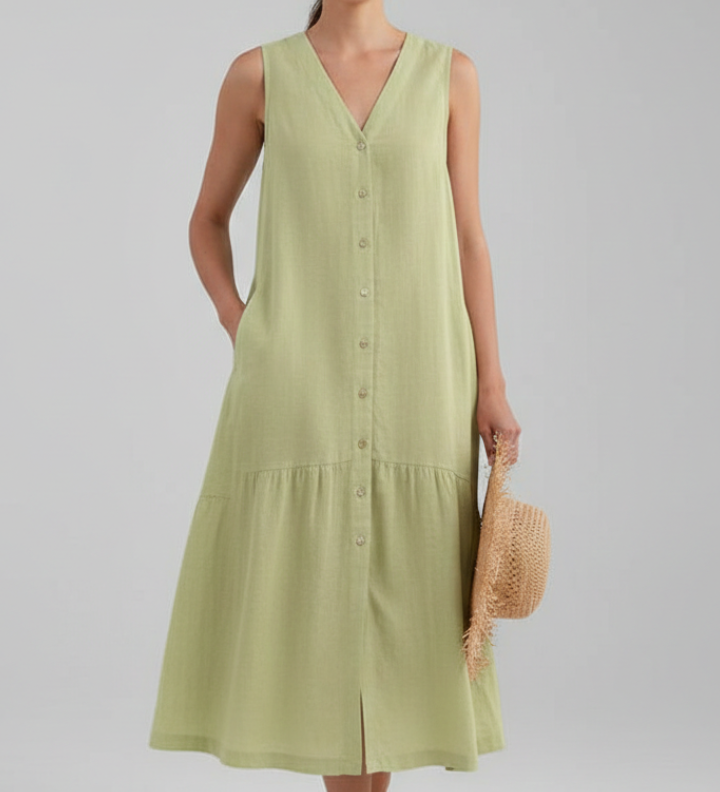Damen Midi Kleid mit V-Ausschnitt und Knopfverschluss