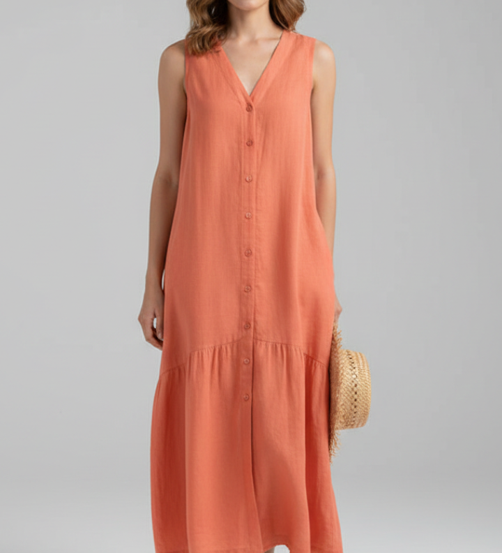 Damen Midi Kleid mit V-Ausschnitt und Knopfverschluss