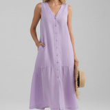 Damen Midi Kleid mit V-Ausschnitt und Knopfverschluss