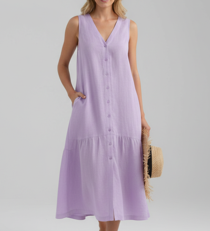 Damen Midi Kleid mit V-Ausschnitt und Knopfverschluss