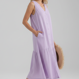 Damen Midi Kleid mit V-Ausschnitt und Knopfverschluss